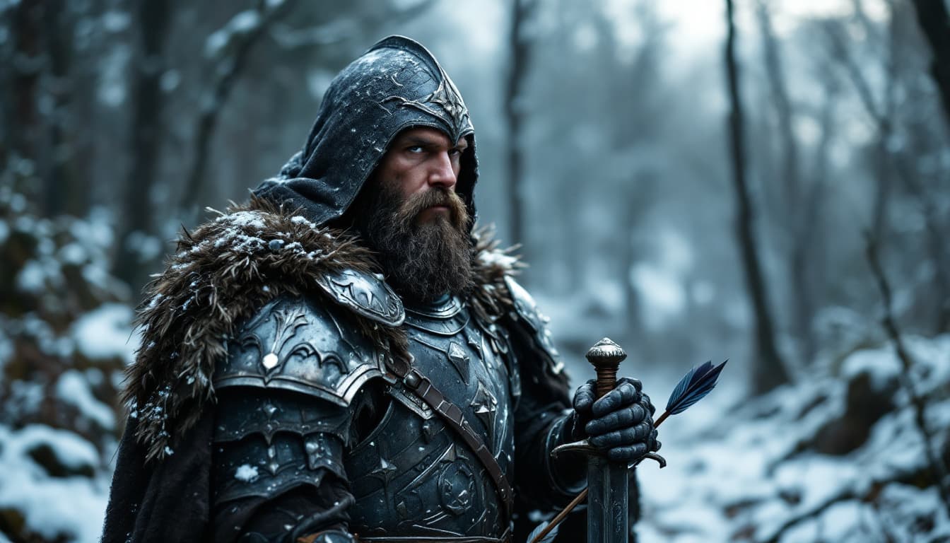 AI generated: It generates a warrior with his iron armor leaning on a sword with an arrow in his chest, a Nordic m...