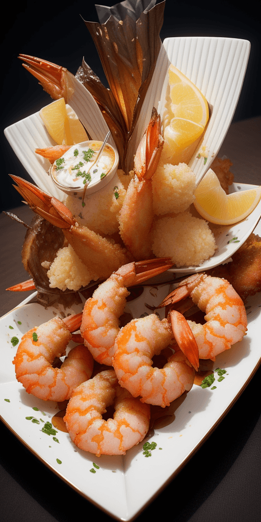 AI generated: style: close-up shot | genre: gourmet | emotion: tempting | scene: fried shrimp platter with tartar ...