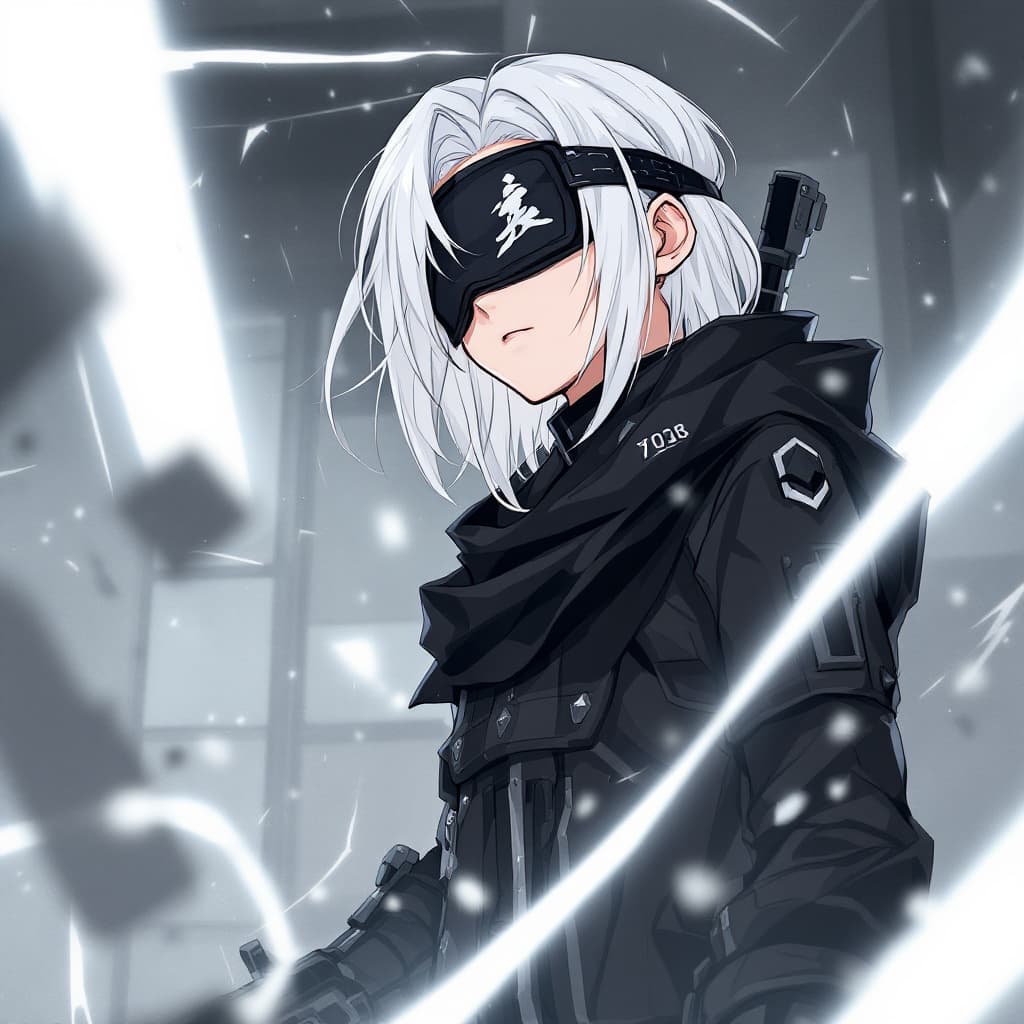 AI generated: YoRHa No.2 Type B, NieR:Automata, A little younger boy 17 years(white long hair, black combat unifor...