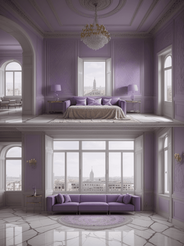 AI generated: High resolution photography interior design, badroom, marble floor, windows opening onto the city, m...
