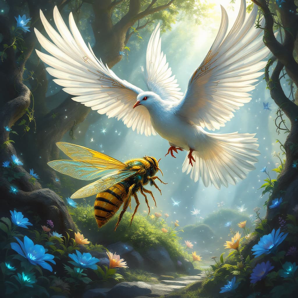 AI generated: Prompt:  epic_fantasy_creation.psd: Regal dove, ethereal plumage shimmering in shades of moonlight s...