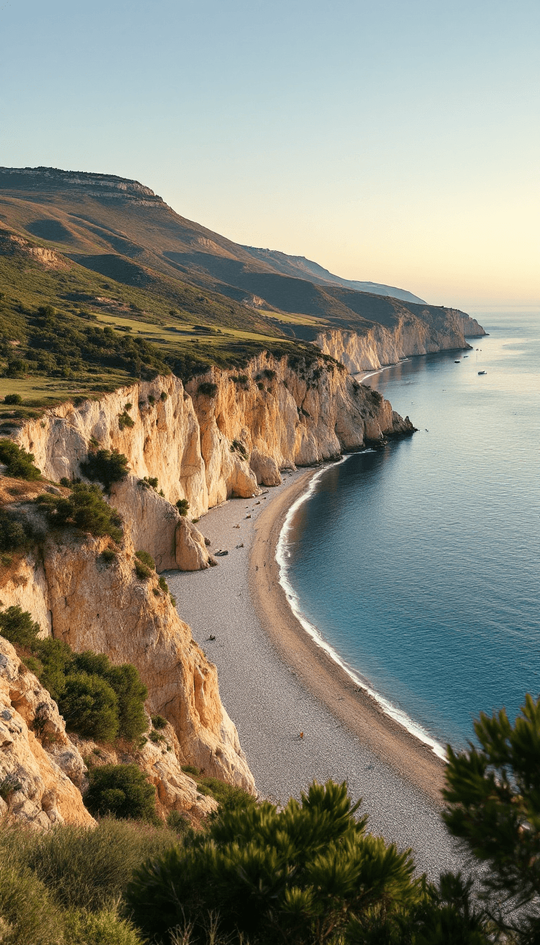 AI generated: A scenic view of the Crimean seaside: rolling hills with patches of green vegetation descending towa...