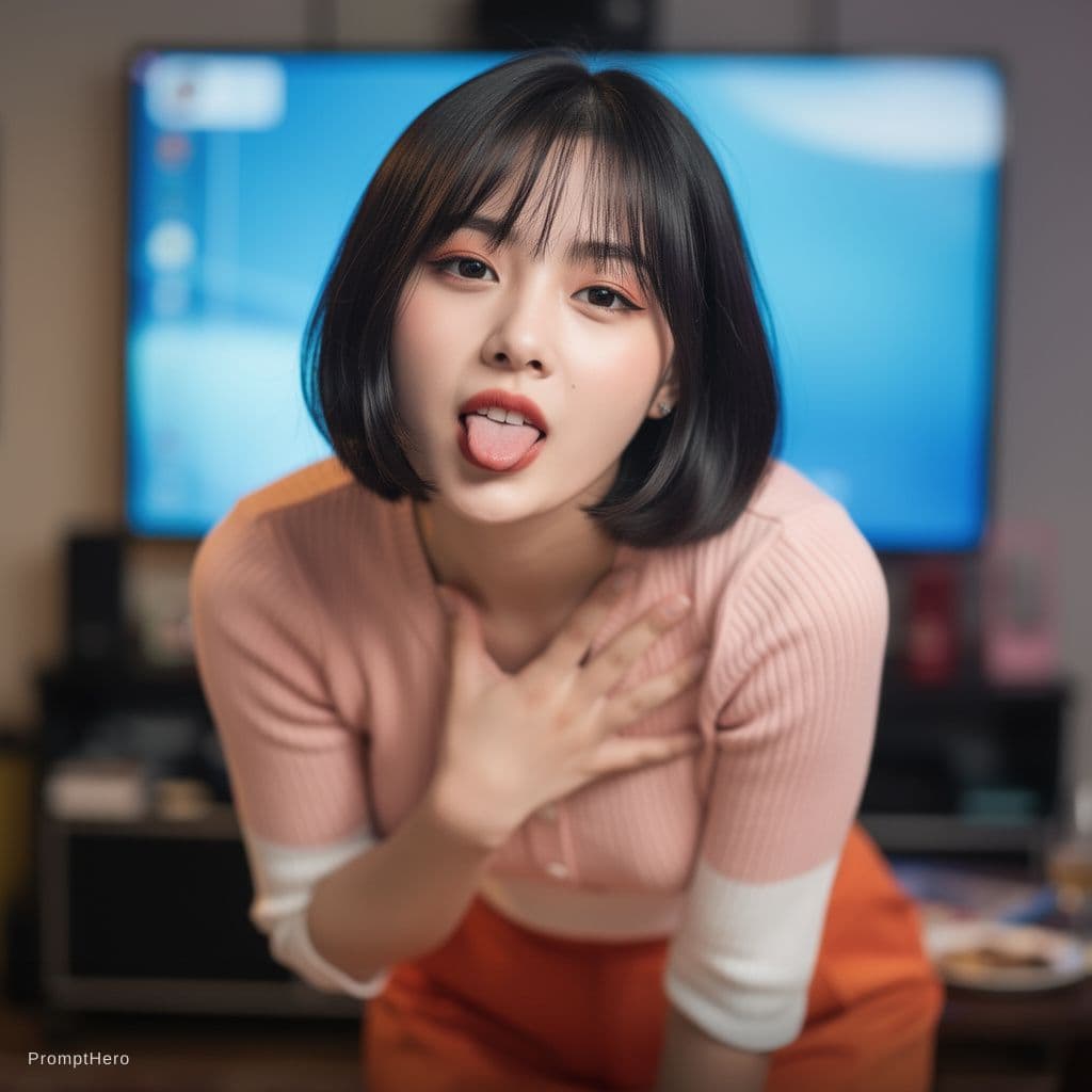 AI generated: A photorealistic candid indoor shot of a beautiful young Asian woman with a short black bob haircut ...