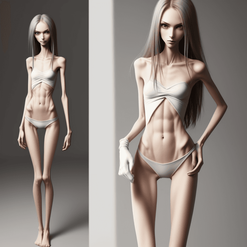AI generated: extreme beautiful skinny slender (almost anorexic)  girl with skinny slender thighs narrow, 
