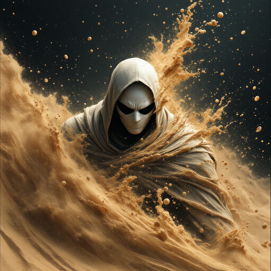 AI generated: Moon Knight dissolving into swirling sand, ultra-realistic, in the style of Marvel Comics, volumetri...
