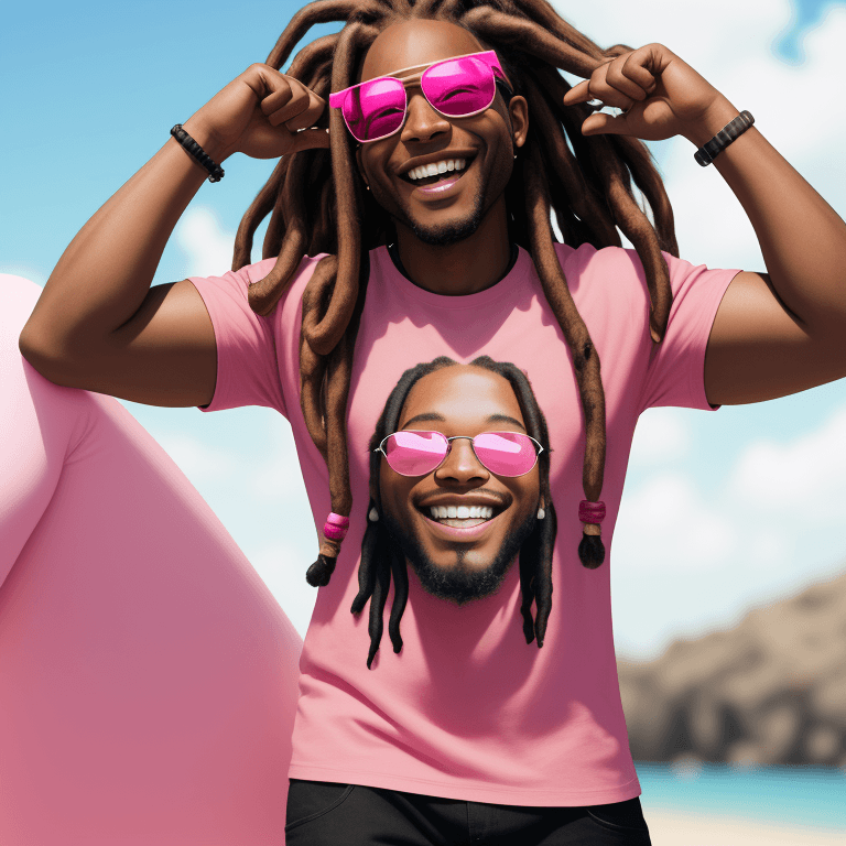 AI generated: 8k image, photo real happy smiling black guy with dreads in a pink tshirt and sunglasses 