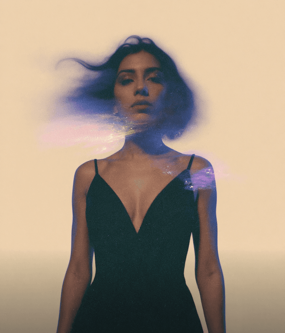 AI generated: A surreal, low-angle portrait of a woman dressed in an eveningwear elegant black dress, standing aga...