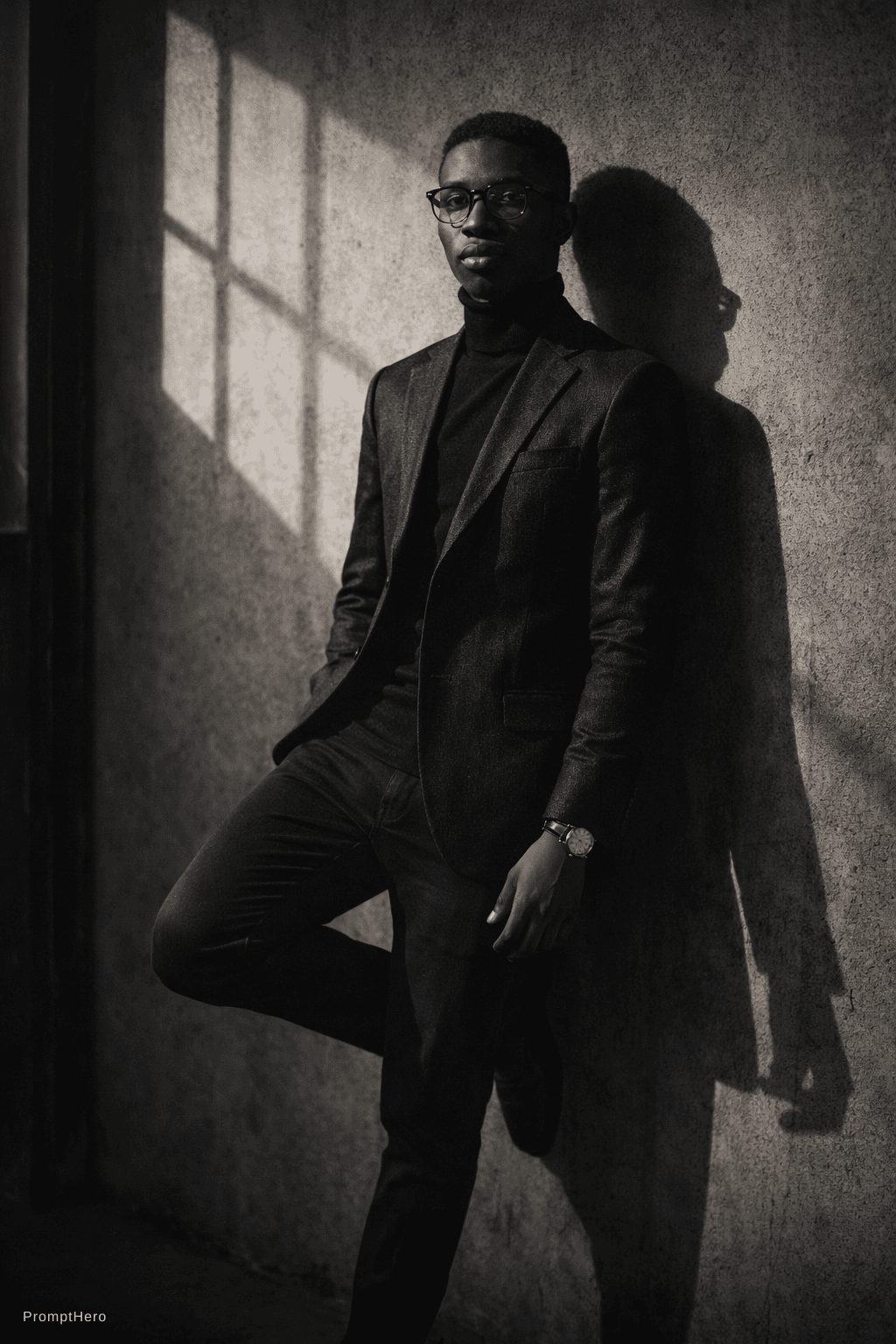 AI generated: this as A man in a tailored black
blazer and turtleneck stands against a
concrete wall. One foot u...