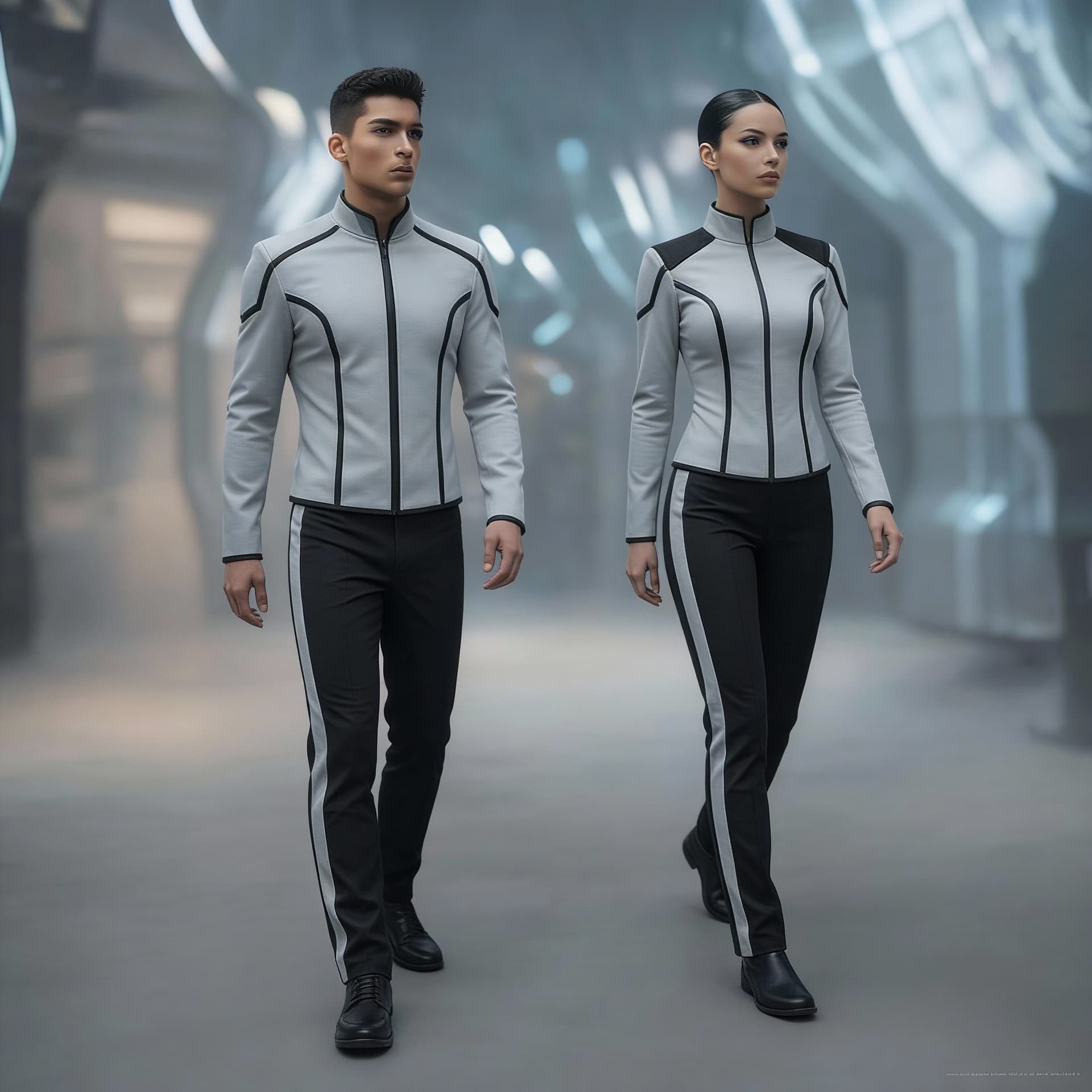 AI generated: Create a Sci-Fi uniform. Use the reference image and turn all red to Grey. The color of the uniform ...