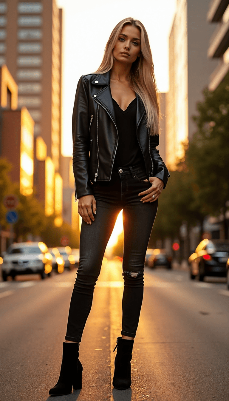 AI generated: A full-body photorealistic image of a 26-year-old woman standing in a modern city street at sunset. ...
