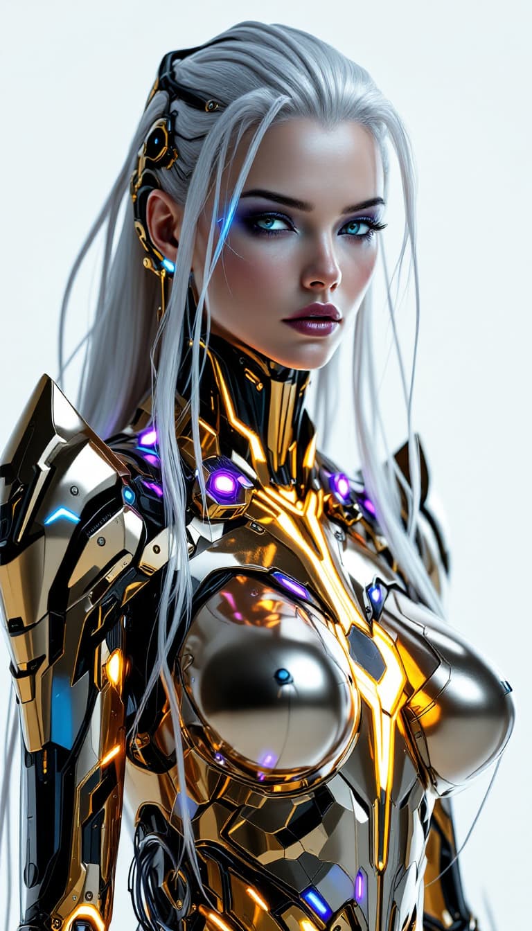 AI generated: An ultra-realistic, full-body depiction of an imposing cybernetic empress woman, exuding authority a...