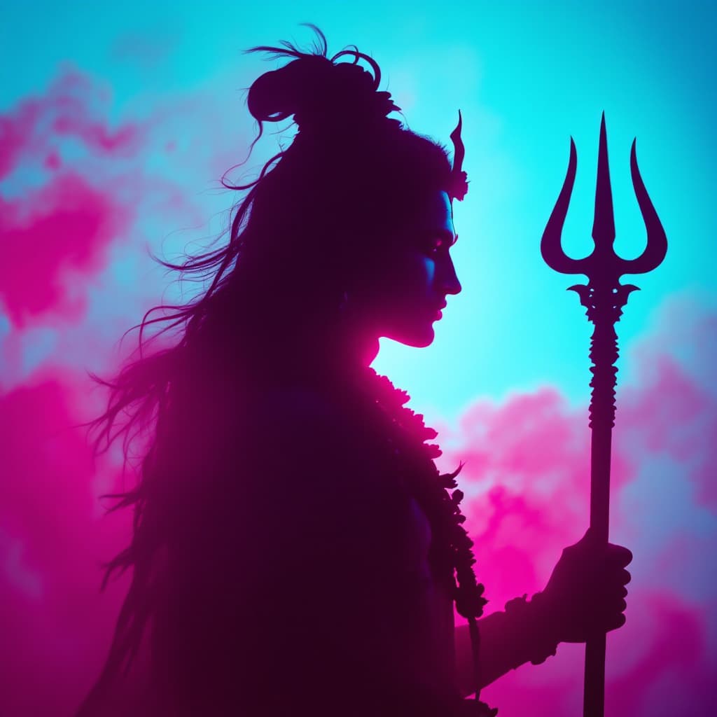 AI generated: photography, portrait of contrast, profile silhouette of lord shiva with Trishul (trident) , vibrant...