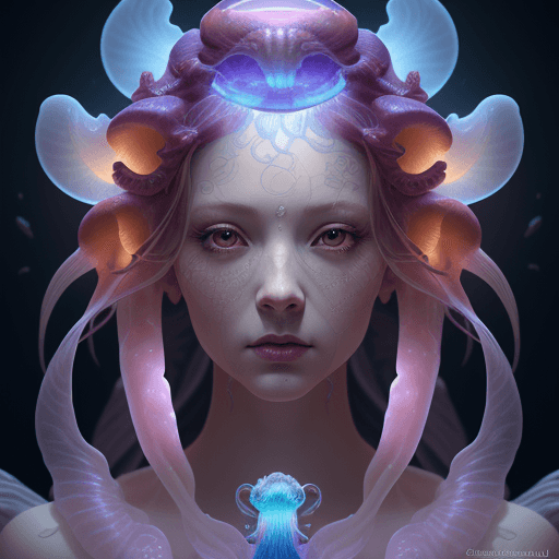 AI generated: Goddess close-up portrait ribcagel. jellyfish phoenix head, nautilus, orchid, skull, betta fish, bio...