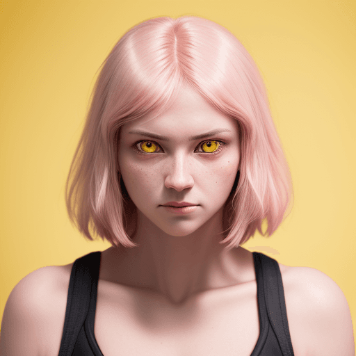 AI generated: photography, upper body, pink hue, woman model, solid yellow backdrop, yellow eyes detailing, using ...