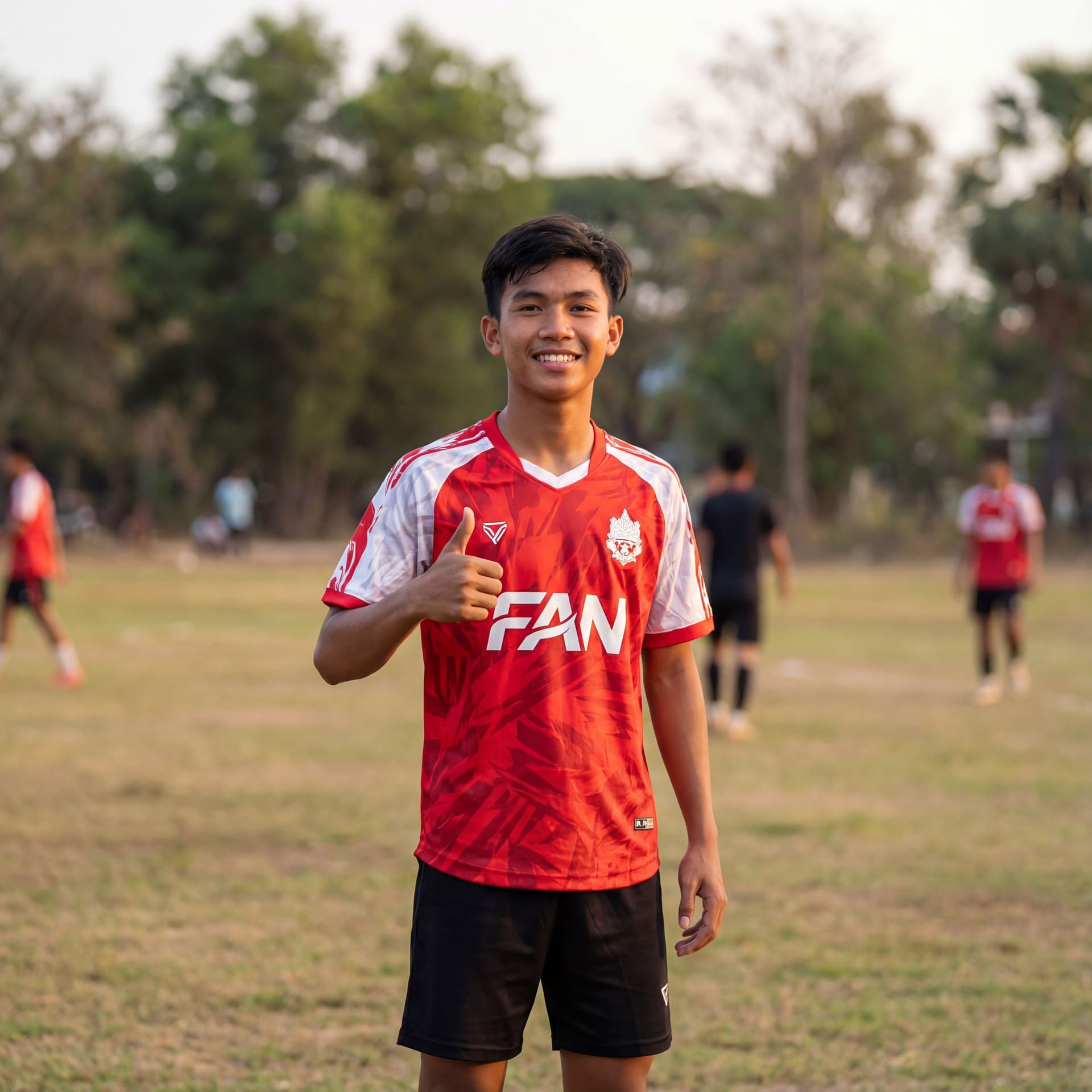 AI generated: "One young male Cambodian soccer player, wearing a matching red and white sublimated graphic print j...