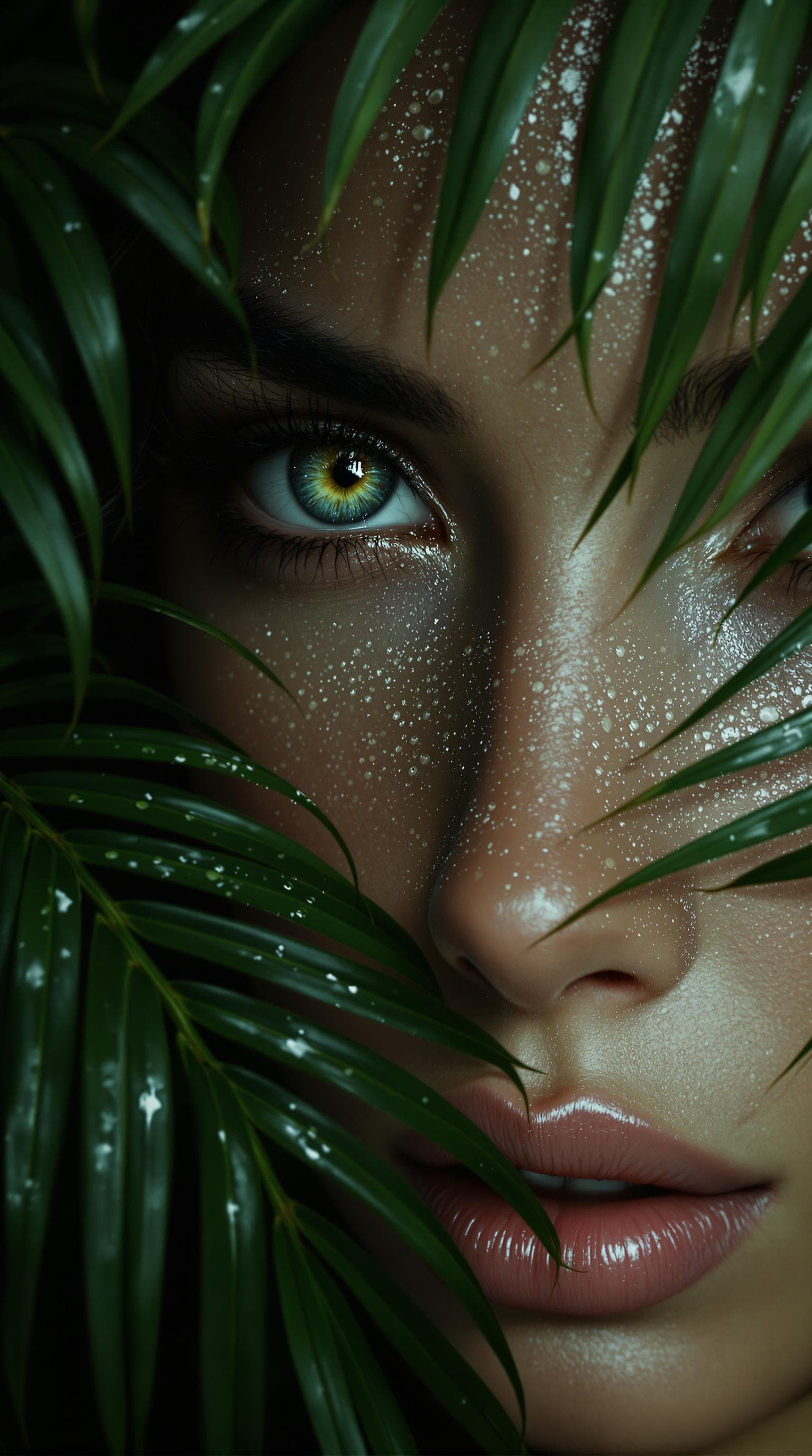AI generated: face covered in dewdrops, green eyes, surrounded by green palm leaves, mint black , beautiful , mini...