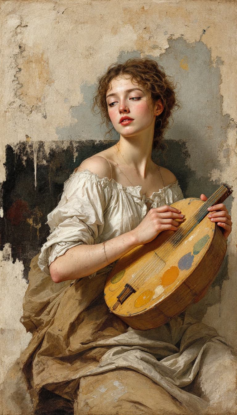 AI generated: Fresco Painting, Muted Colors, Layered Plaster, Historical, Woman Holding a Fresco Palette Mixing, E...