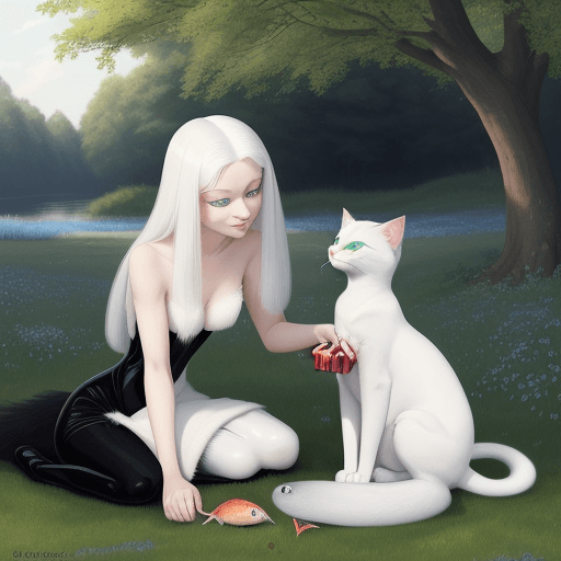 AI generated: Shadow, the sleek black cat with piercing green eyes, carefully places a freshly caught fish at Luna...