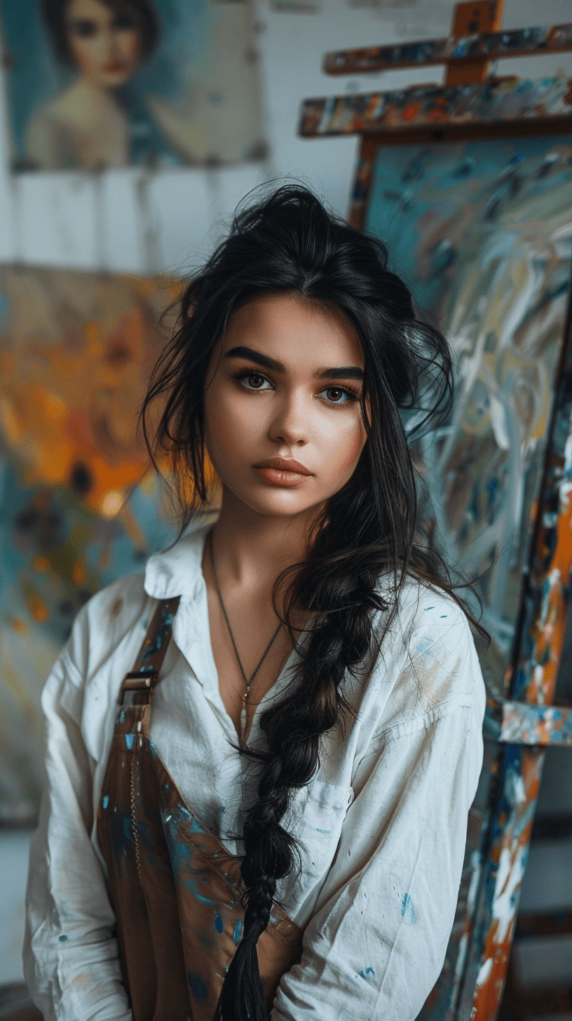 AI generated: portrait of a beautiful female painter in her studio, black hair, messy big braid, she is looking at...