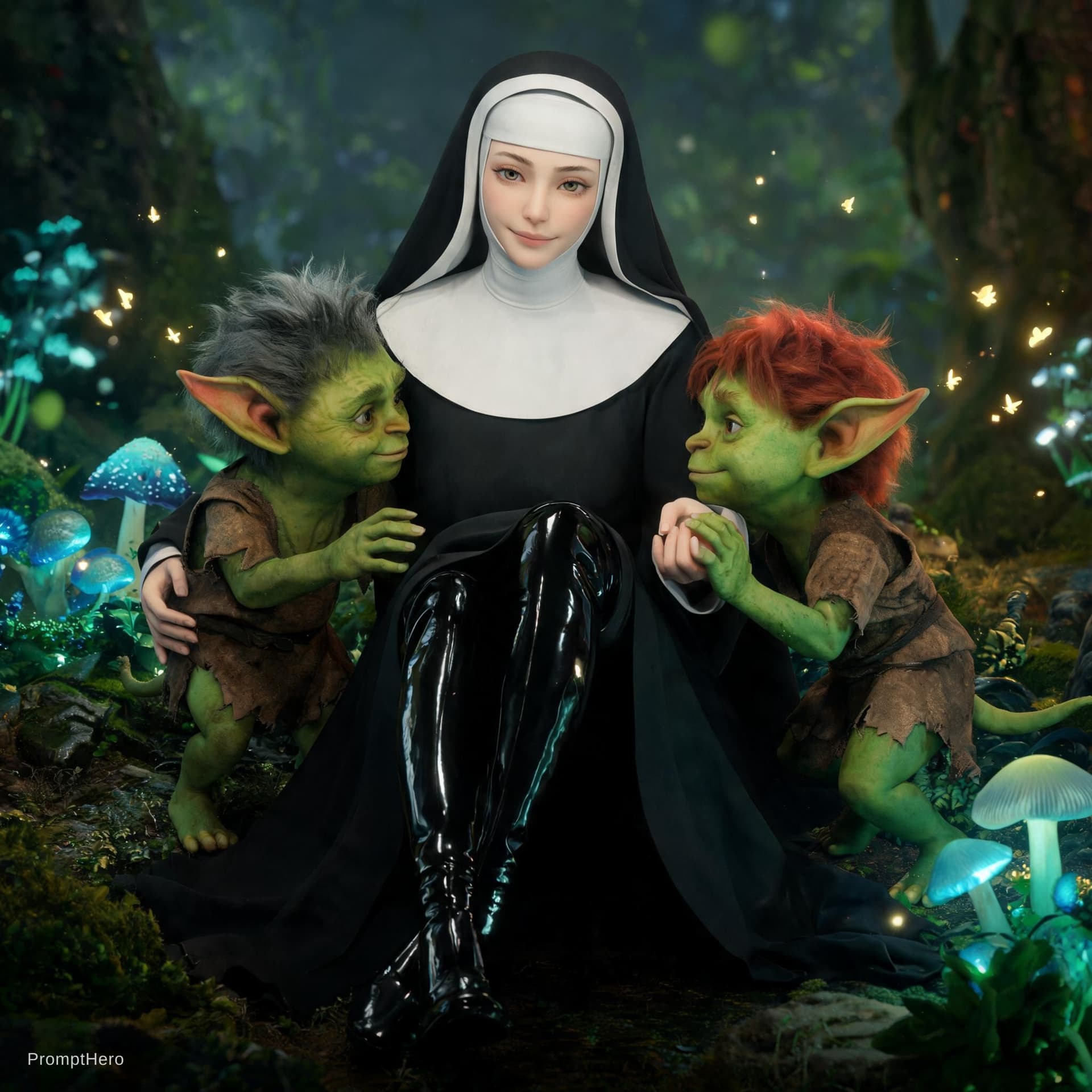 AI generated: nun with shiny black boots got her boots licked by two vicious goblins
