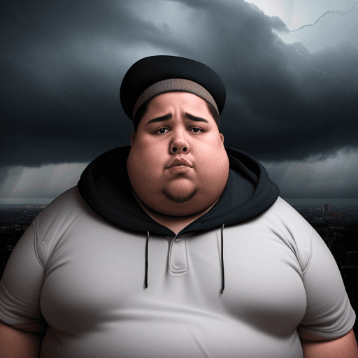 AI generated: Ultra-realistic photograph of an obese man with a worried and sad expression, captured with a Fujifi...