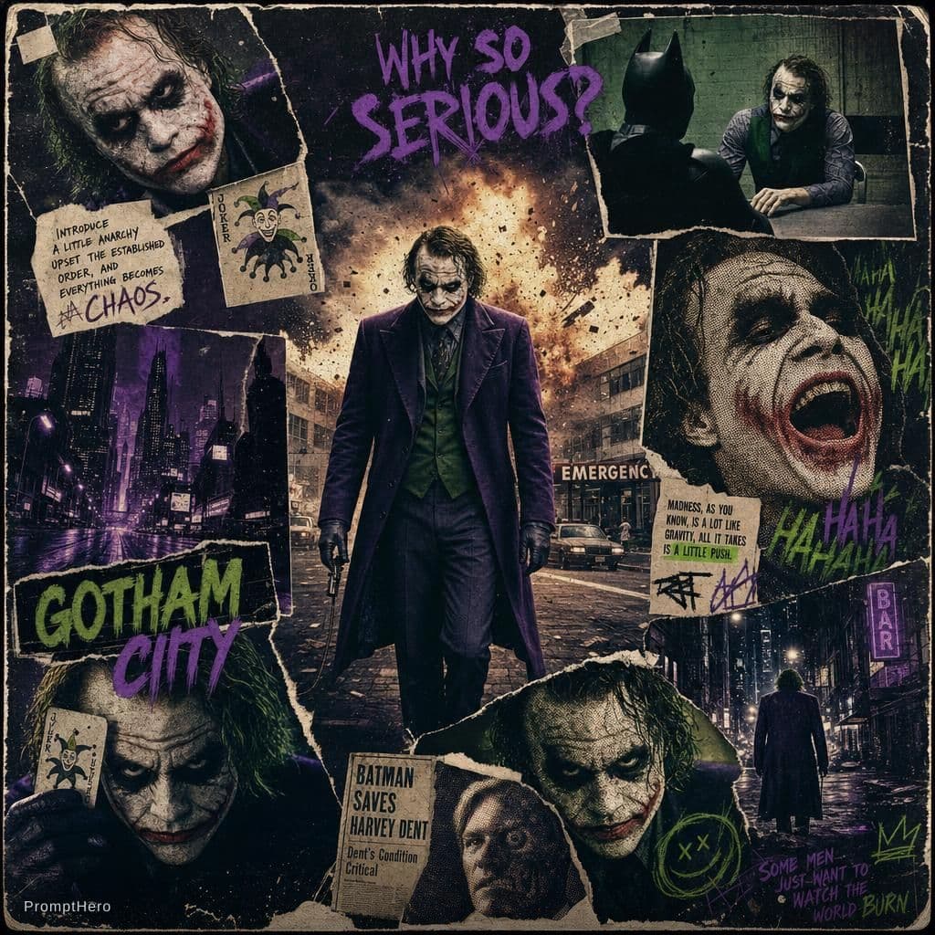 AI generated: A retro vintage collage design of Heath Ledger as the Joker. The central image shows him walking in ...
