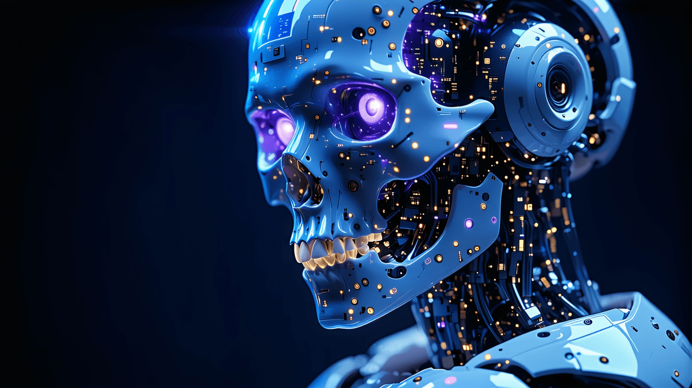 AI generated: "A highly detailed AI robot head with a semi-transparent skull, revealing a complex network of glowi...