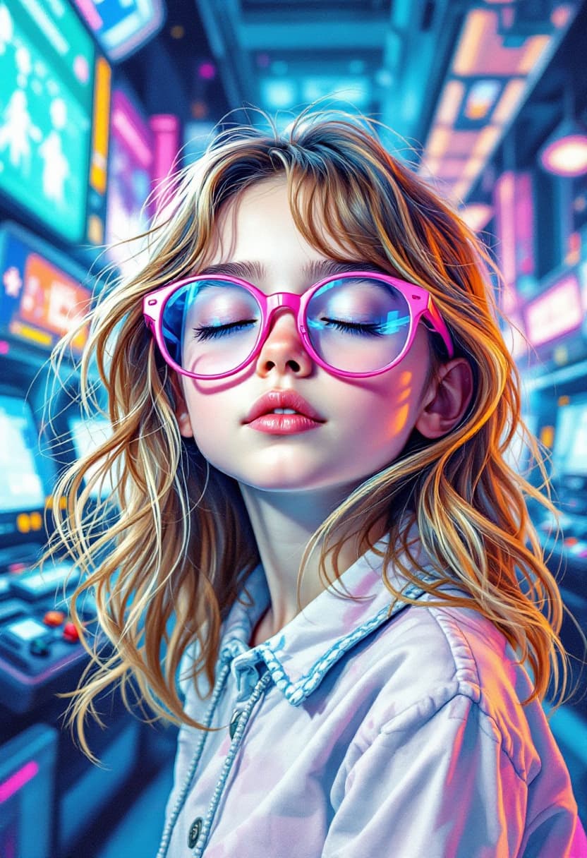 AI generated: a drawing of a beautiful 5-year-old girl, with brown, blonde and slightly curly hair, with her eyes ...