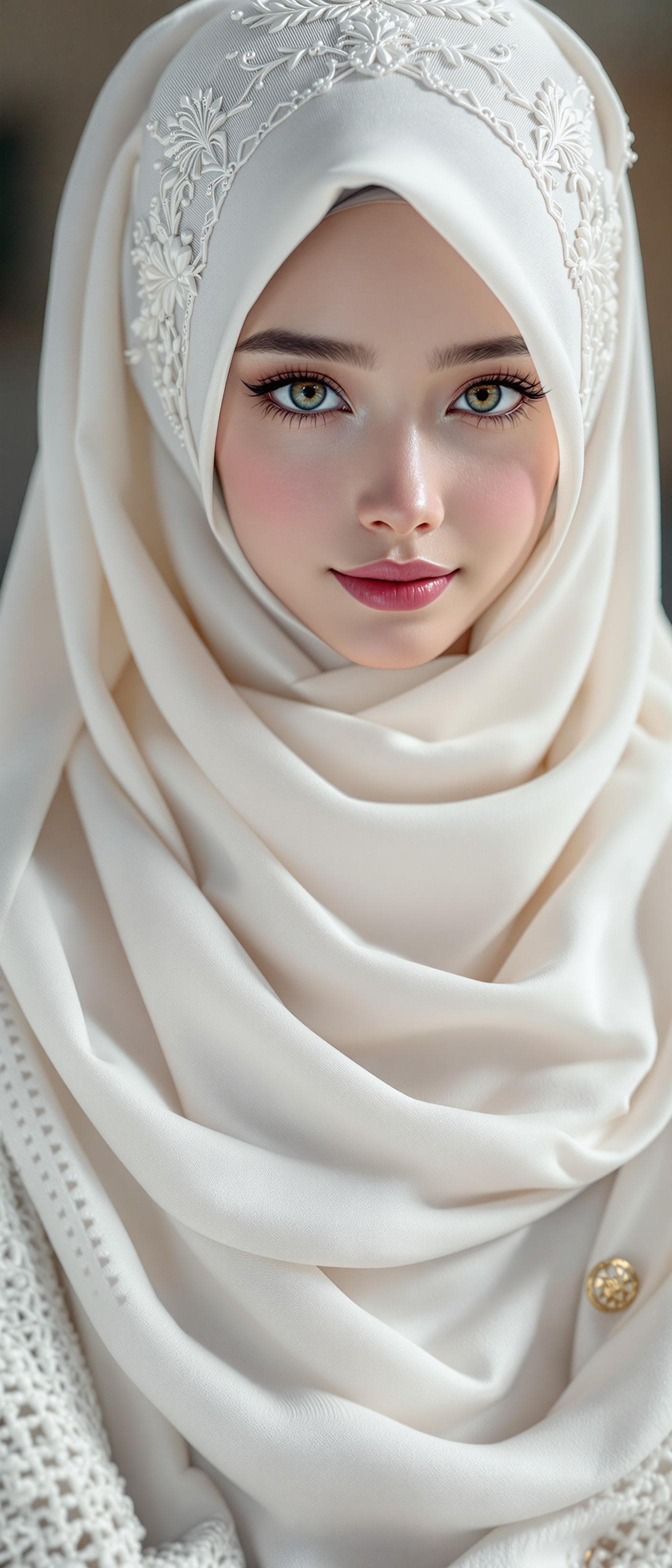 AI generated: Girl, 18oyo, hazel green eyes, pink lips, black eyeliner in her eyes, (wearing a hijab:1), (full bod...
