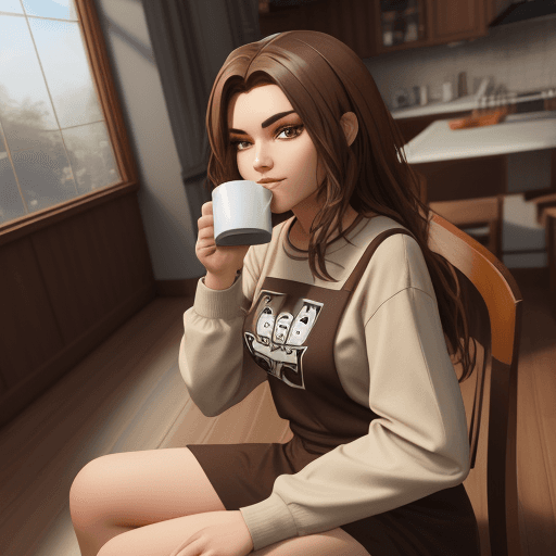 AI generated: roblox character sitting down drinking coffee
 in a house, brown hair, aesthetic clothing


