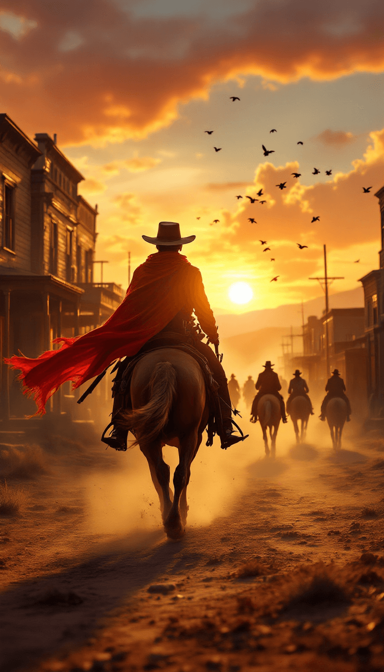 AI generated: "A cinematic Western scene at sunset featuring cowboys riding horses through a dusty, old-fashioned ...
