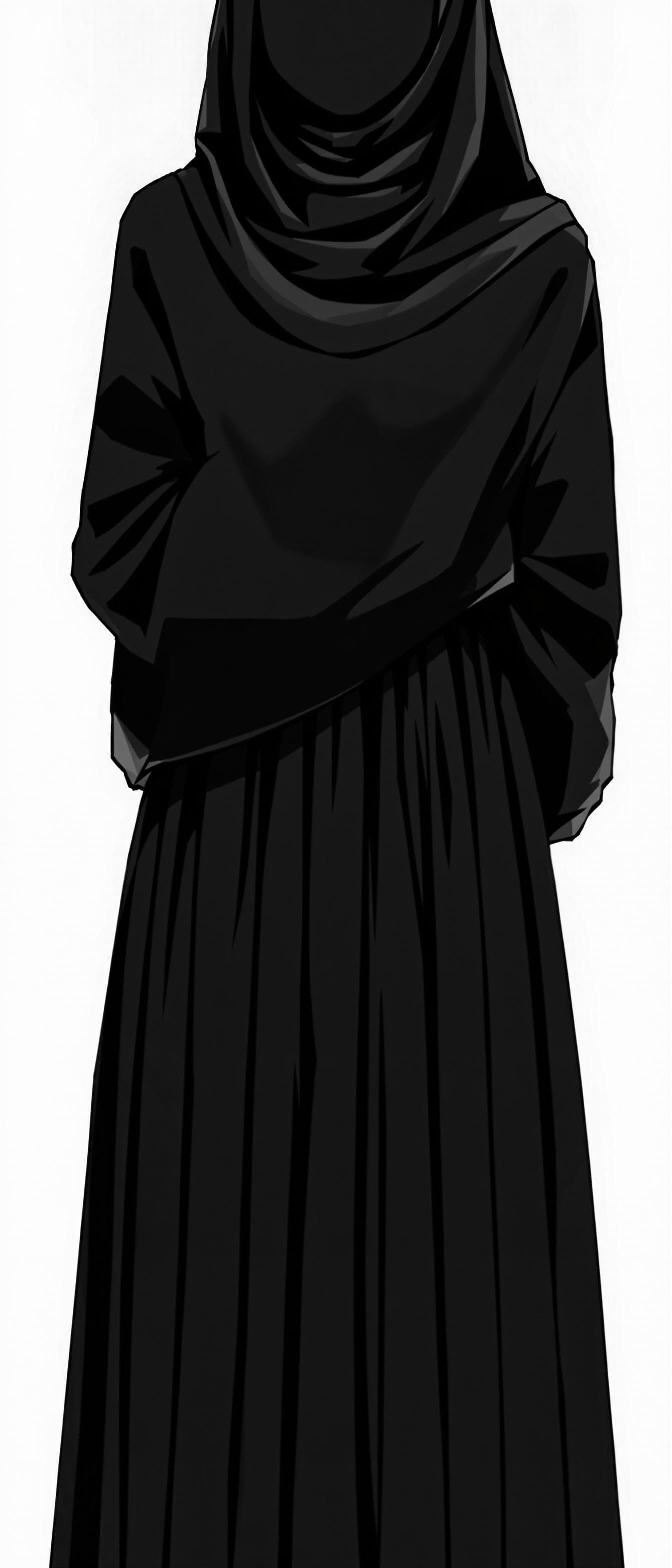 AI generated: manga anime, wearing a black hijab with the covering face like a Arabian woman in black clothes, sim...