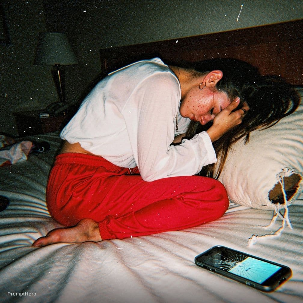 AI generated: 90 mm Petzval eight inches from collarbone; the slim model curls on unmade raw motel bed laying on h...