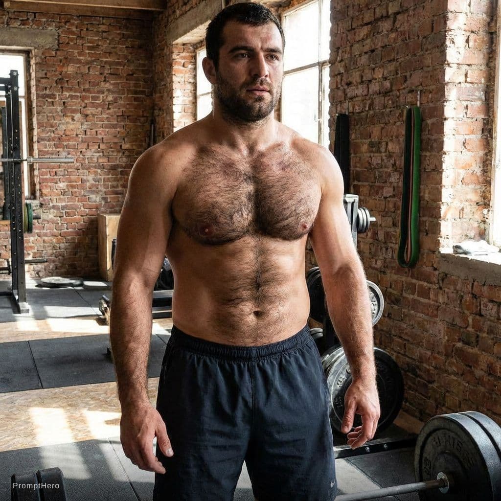AI generated: Man with muscular body and hairy chest and pubic hair