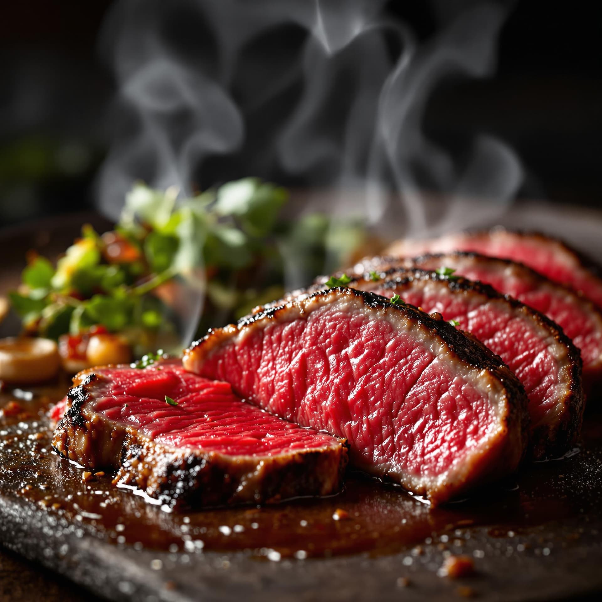 AI generated: Capture a close-up shot of a mouth-watering sliced beef medium rare barbeque , exuding tempting allu...
