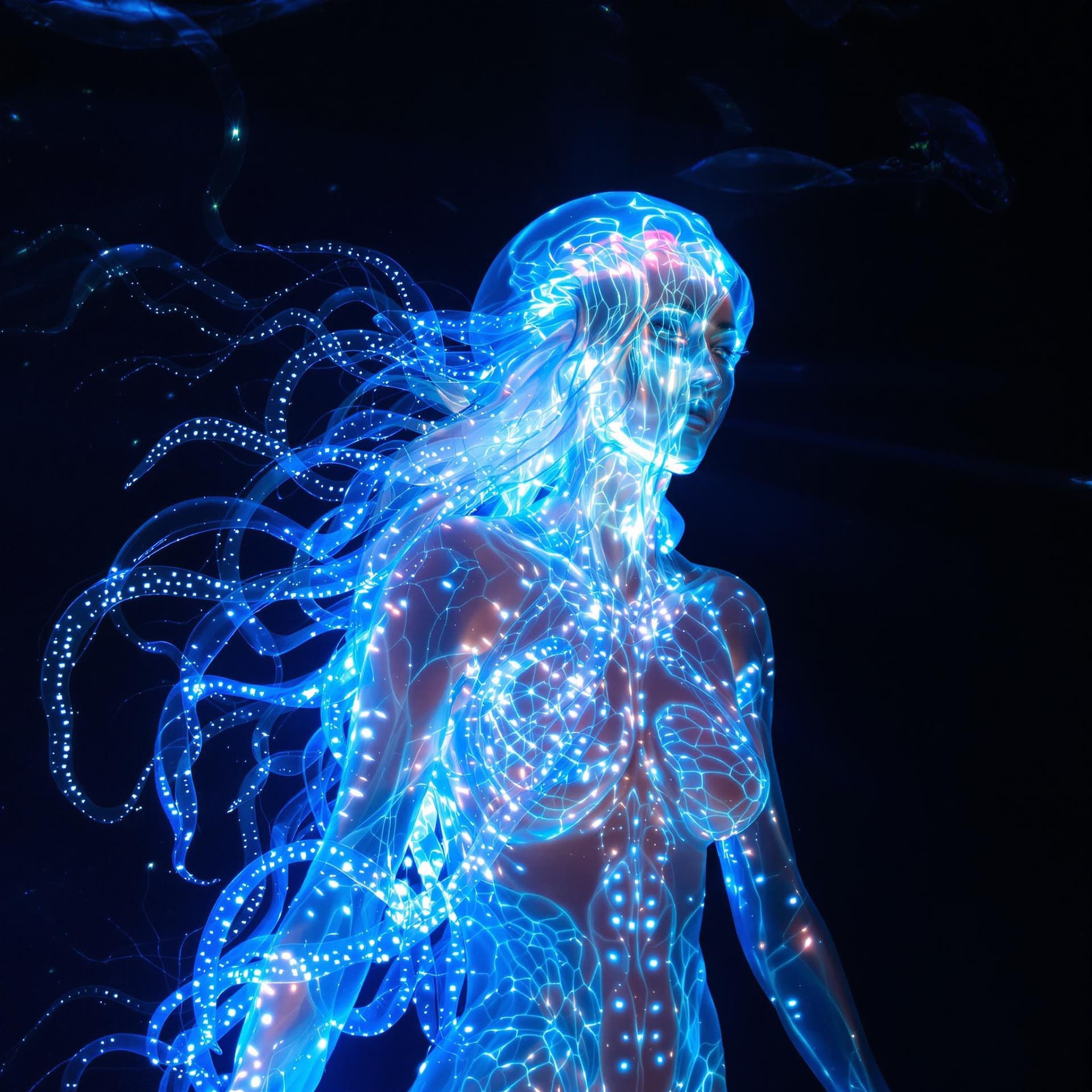 AI generated: A woman with luminescent jellyfish DNA, her translucent skin glowing with bioluminescent veins, flow...