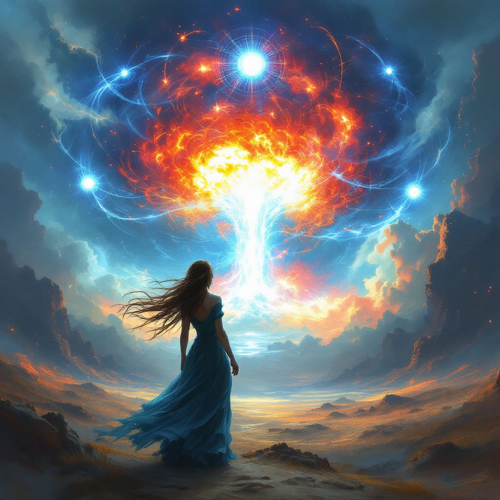 AI generated: A female sorcerer, viewed from behind, stands in an alien landscape, her figure against the huge ato...