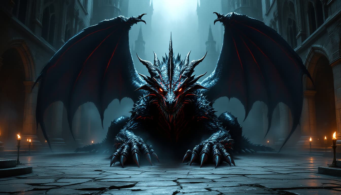 AI generated: A massive black dragon with glowing red veins rests in the center of a gothic castle courtyard. Its ...