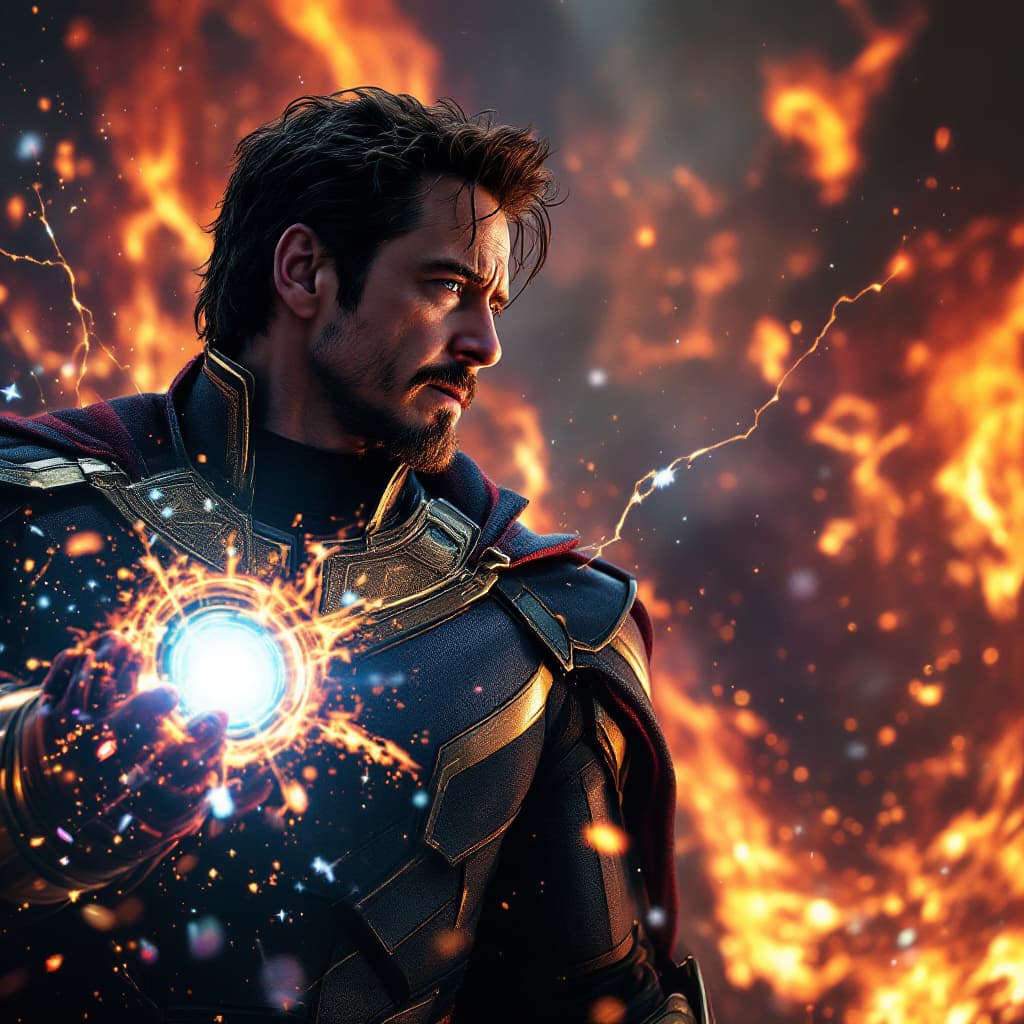 AI generated: {  robert downey jr. iron man + peter parker spiderman + doctor strange } facing Thanos with all six...