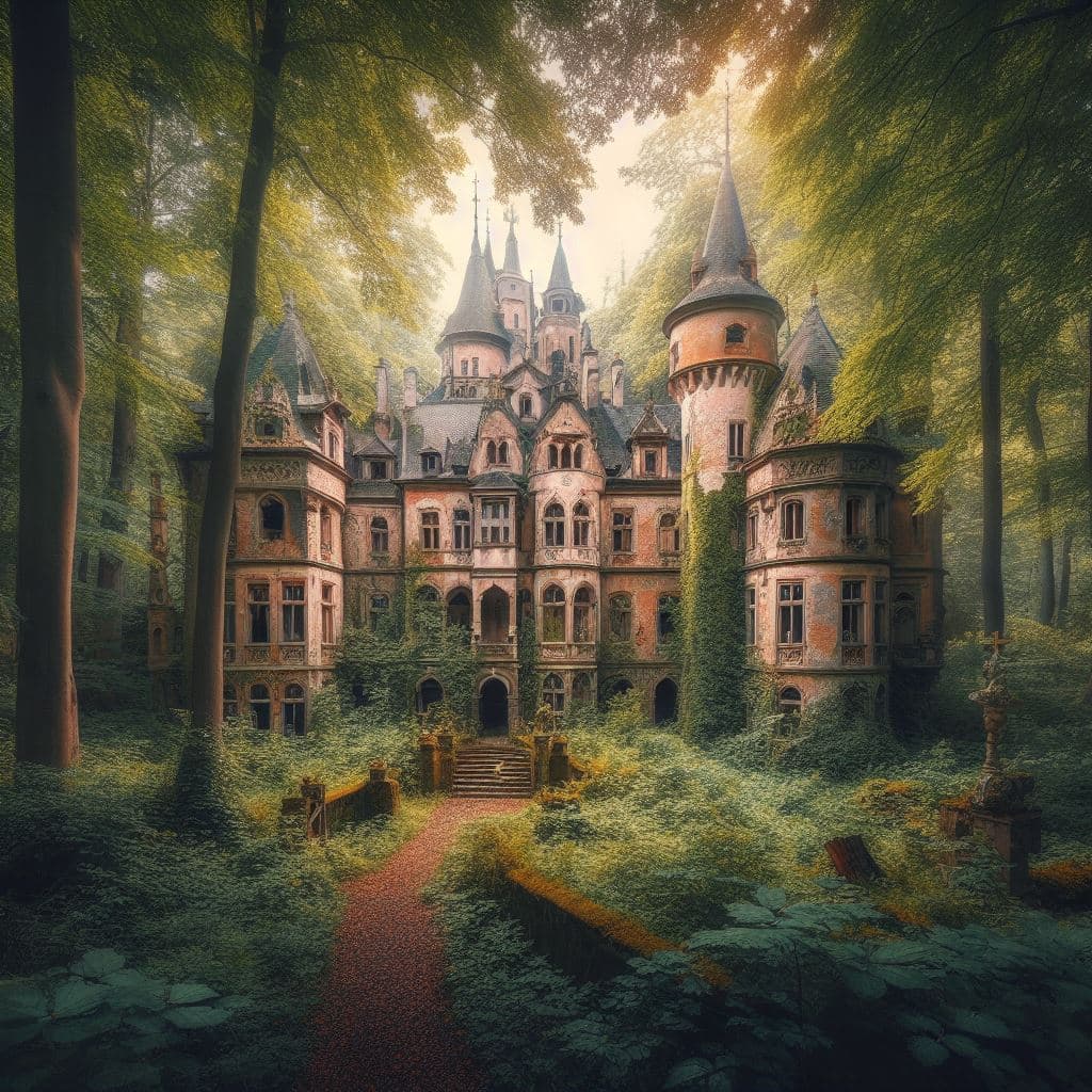 AI generated: gorgeous abandoned medieval mansion in a fairytale forest