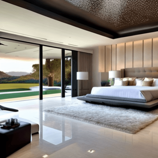 AI generated: Modern master bedroom with luxury interiors with outdoor sit out for 2 people
  