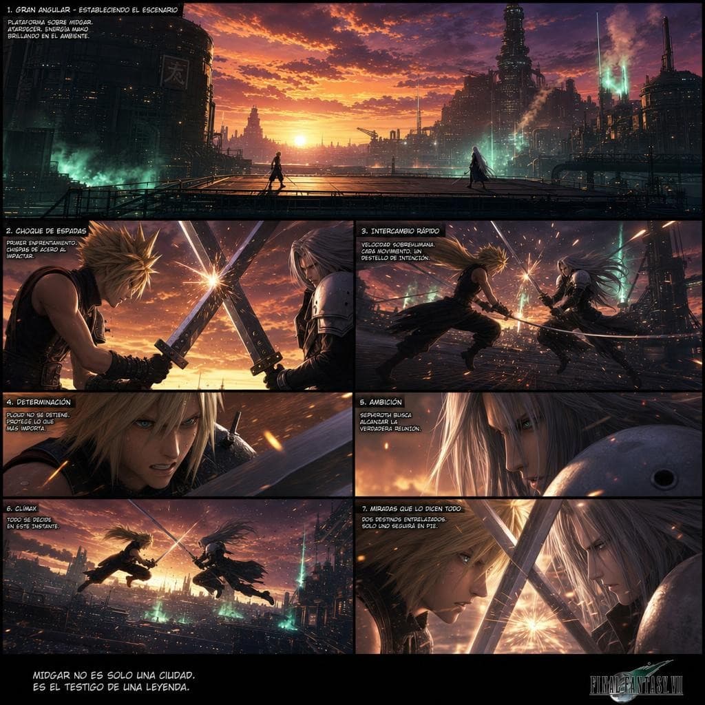 AI generated: Una intensa batalla de espadas entre Cloud Strife y Sephiroth de Final Fantasy VII: Cloud se enfrent...