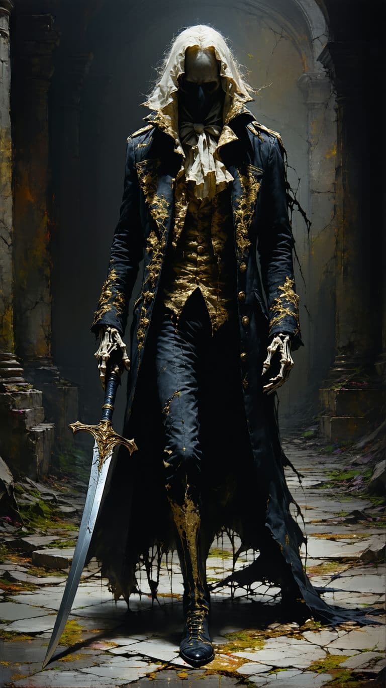 AI generated: "A haunting, faceless figure dressed in a decayed, aristocratic 18th-century coat with intricate gol...