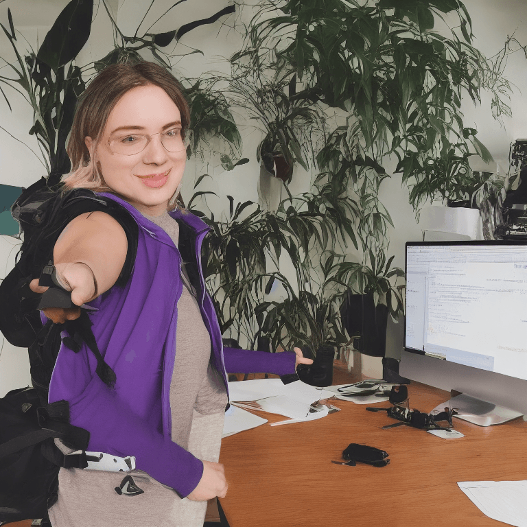 AI generated: ((selfie)) photo of (purplecow_ti:0.99),home office, youtube studio, wearing a backpack, sweater, hi...