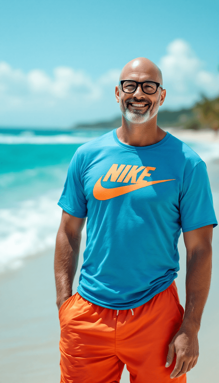 AI generated: Wide angle shot, Hyper-Realistic photo, 45 years old Caucasian bald man, clean face, shave, clean sh...