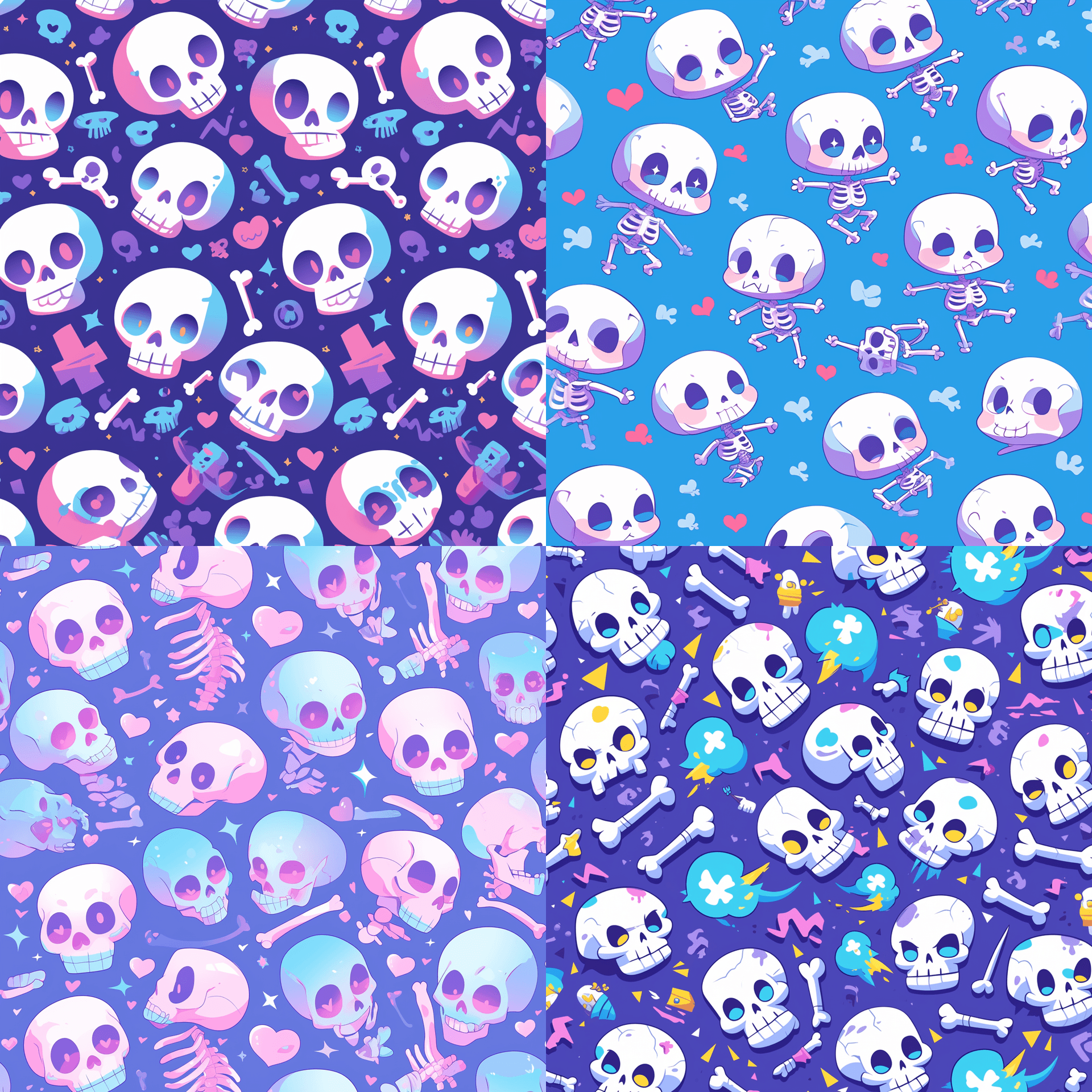 AI generated: A pattern of cute cartoon human full body skeletons, all set against an electric blue purple backgro...