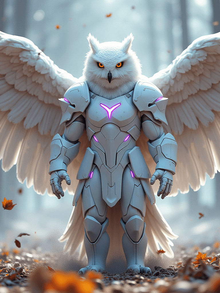 AI generated: (masterpiece, ultra-detailed,, a majestic owl-man warrior stands in an epic hero pose, holding a glo...