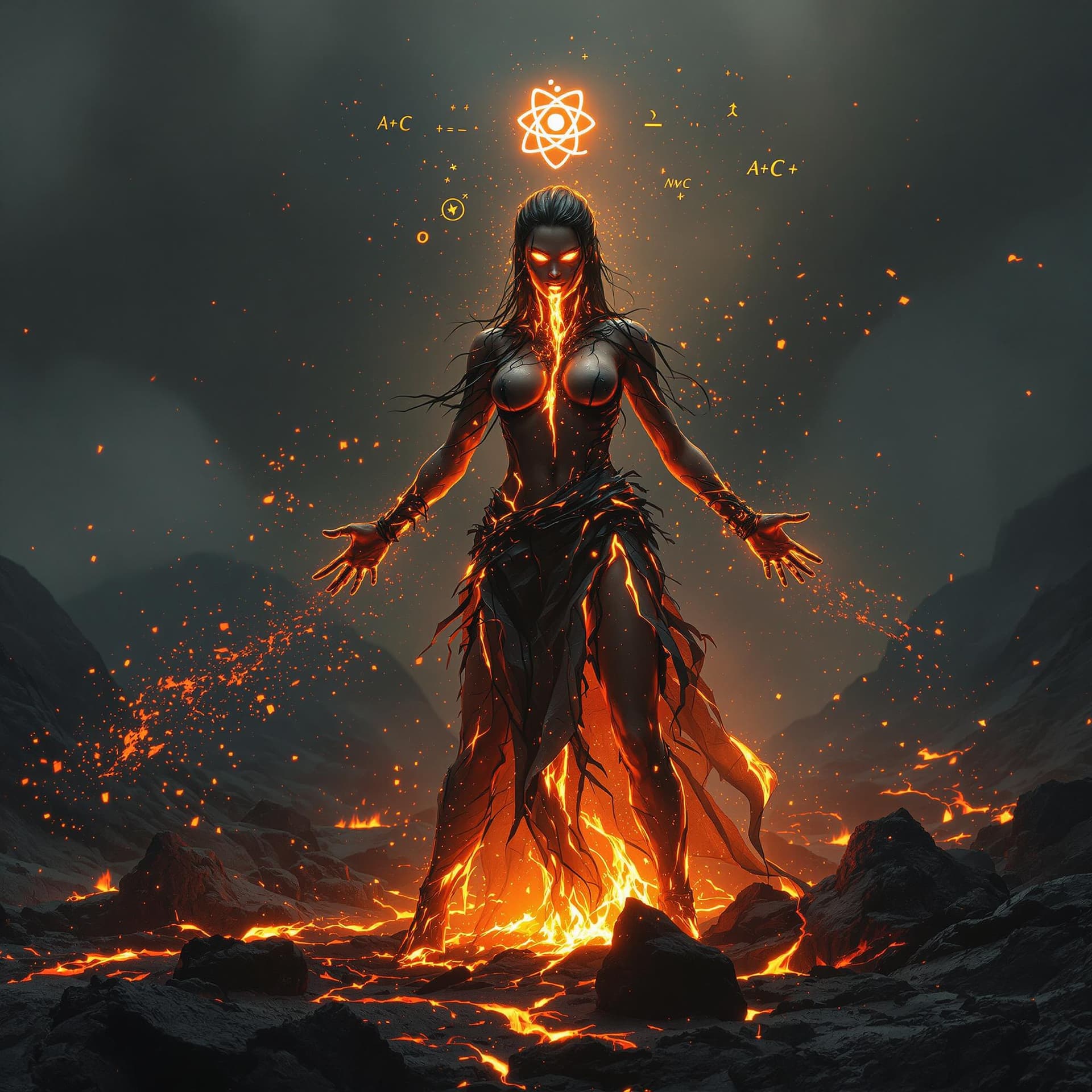 AI generated: In a barren, volcanic landscape, a fierce woman stands amidst jagged black rocks, her presence both ...