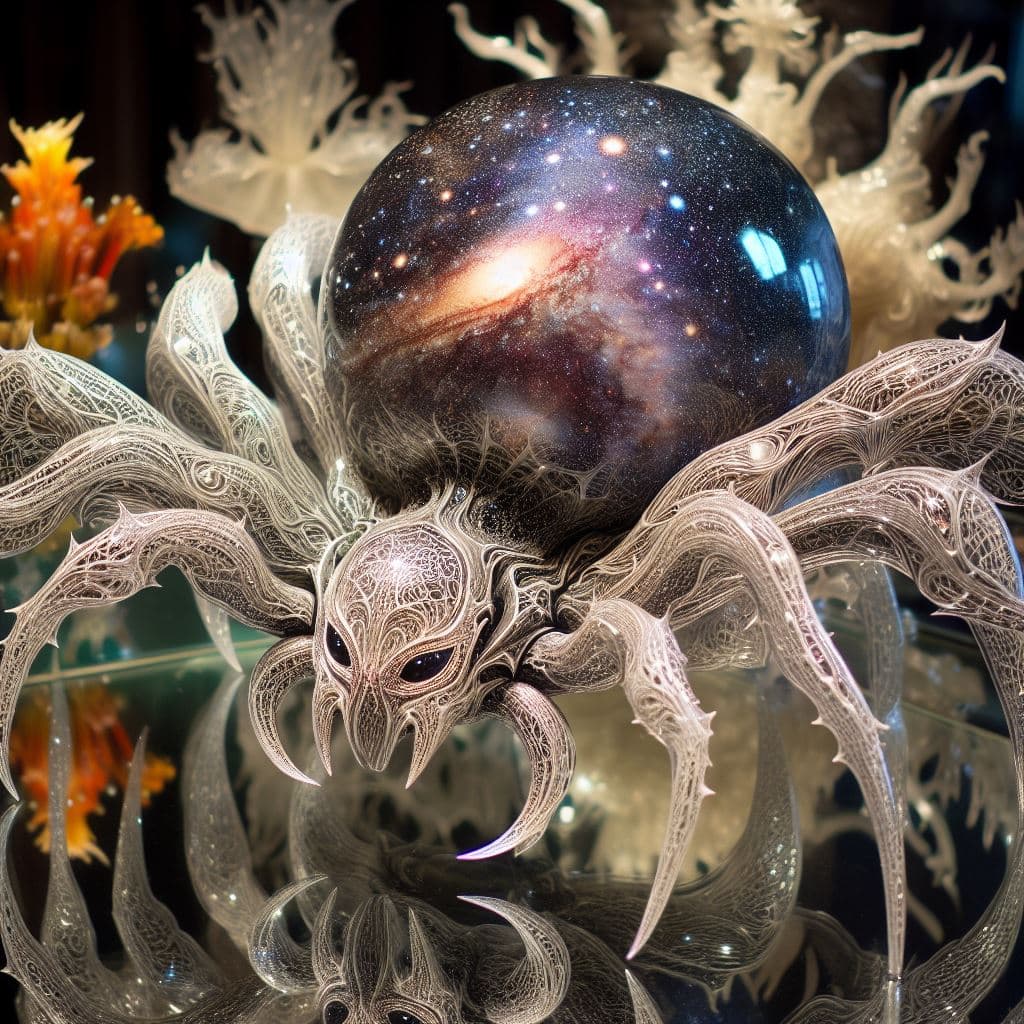 AI generated: Full 8k sharp quality focus on a beautiful intricate high quality shiny blown glass figurine of a be...