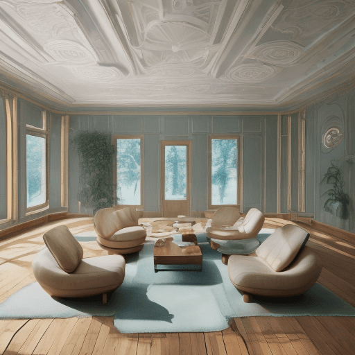 AI generated: High resolution photography interior design, dreamy sunken living room conversation pit, wooden floo...